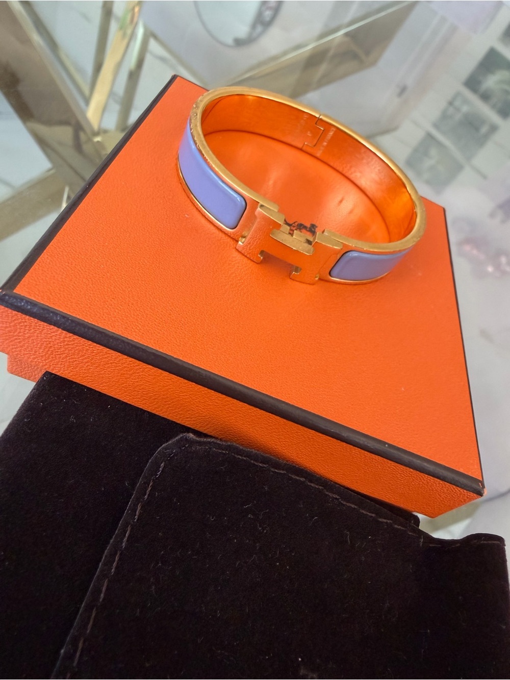Hermès Clic Clac Narrow H Enamel Bracelet Bangle in Blue Periwinkle / Gold RARE💙